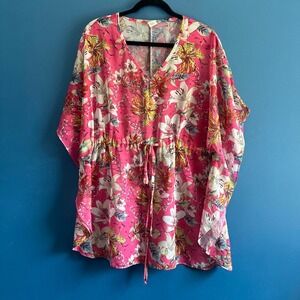 Y2K Sheer Poncho Cover Up Women's Size Medium Pink Floral Beach West Loop Summer